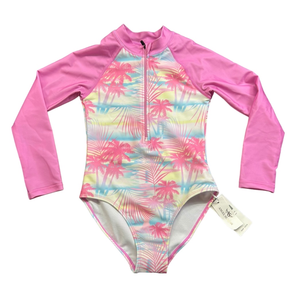 ANGEL SEASON girls 1/2 zip up long sleeve rashguard one piece swimsuit sz 8Y NWT